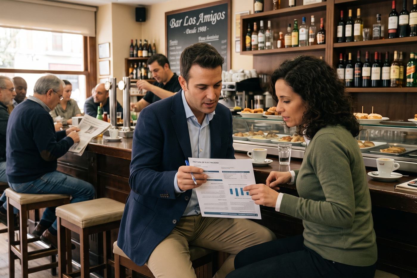 Un asesor de Ondia repasa la factura de la luz con la dueña de un bar, sentados en la barra de su local