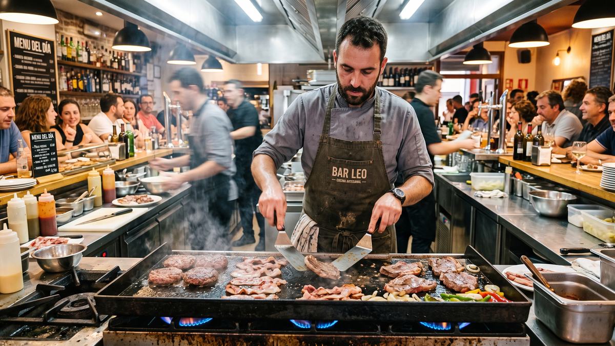 El cocinero de un bar trabaja en la plancha de gas en plena hora de comidas