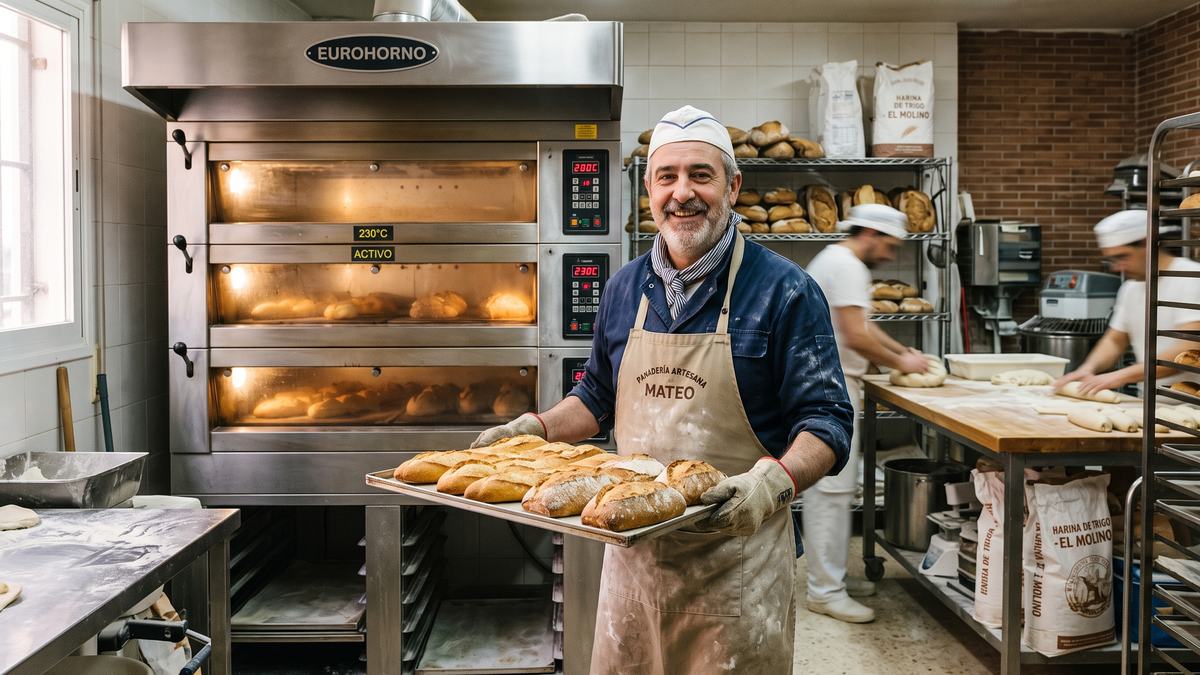 El dueño de una panadería saca una bandeja de pan del horno eléctrico de su obrador