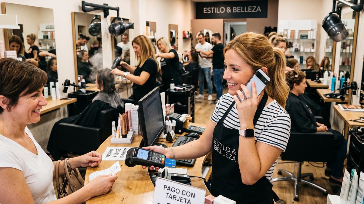 La dueña de una peluquería cobra con el datáfono mientras atiende una llamada